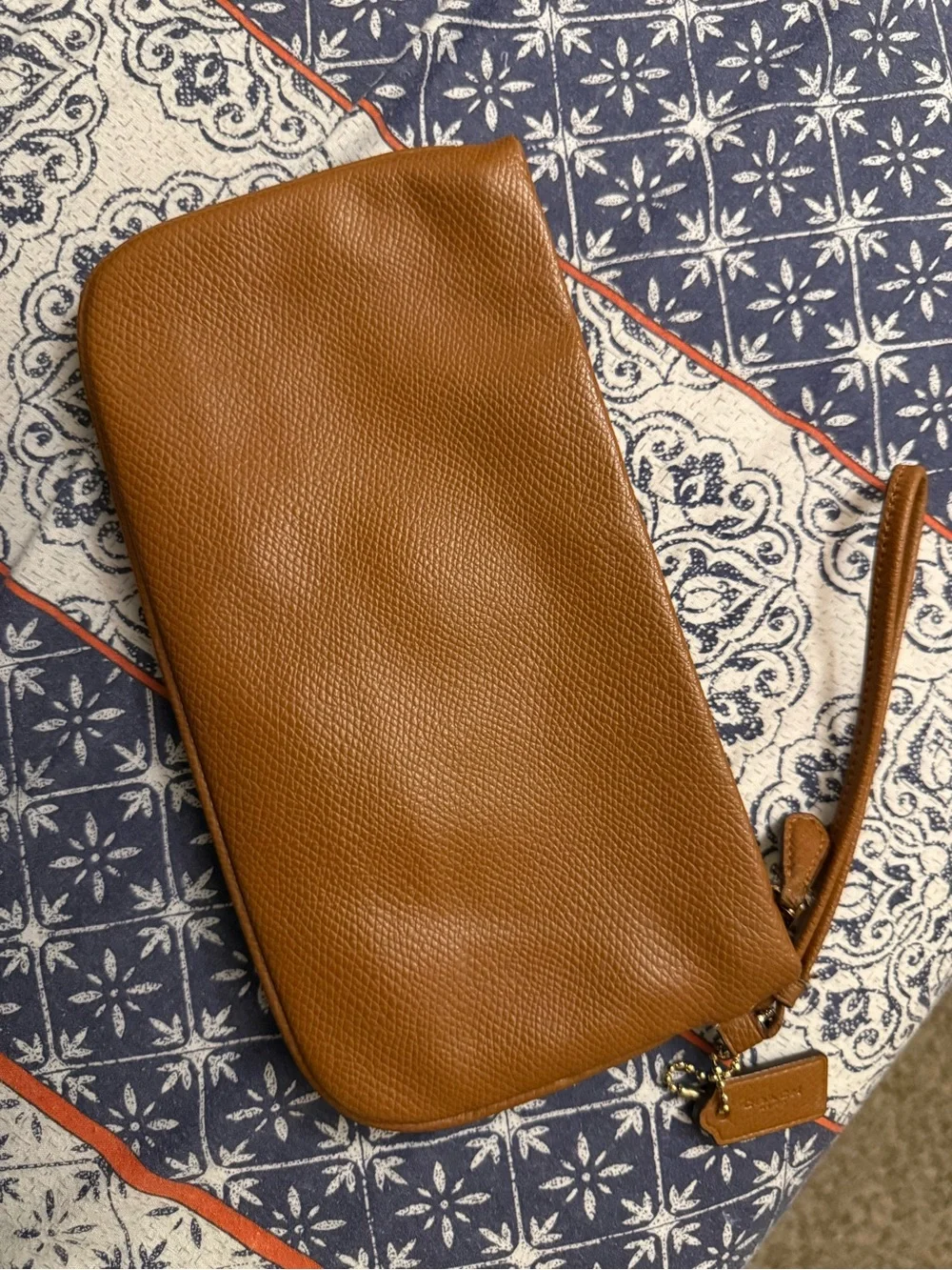 Coach Pebble Leather Wristlet in Tan Brown with Gold Logo